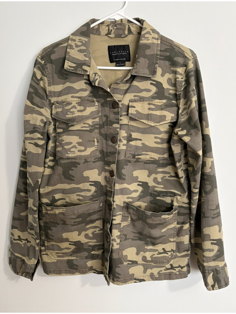 Sanctuary Womens Jacket Anthropologie Green Camo Lightweight Collared Sz Large